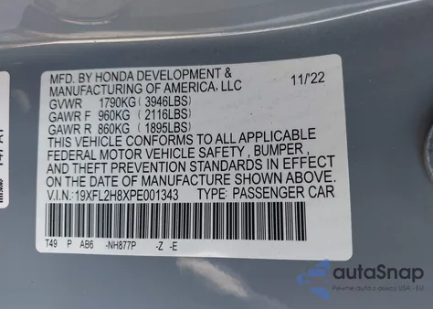 2023 Honda Civic Sport z USA, uszkodzony, nr VIN 19XFL2H8XPE001343